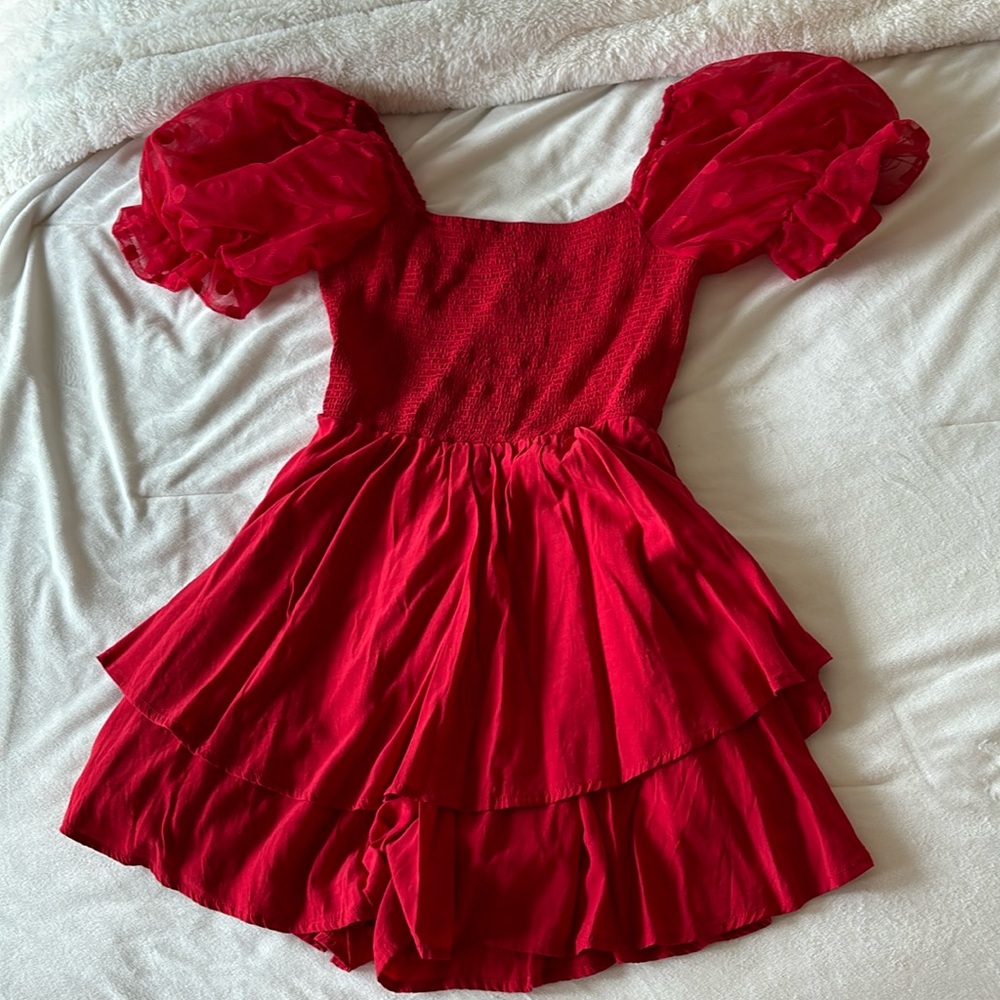 Entro Red Romper with Sheer Puffy Sleeves Small